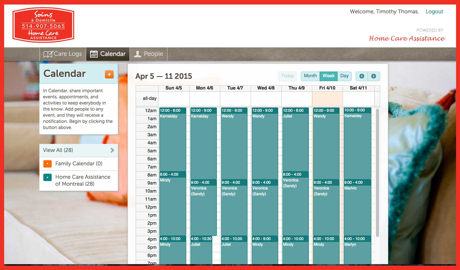 weekly schedule for home care service